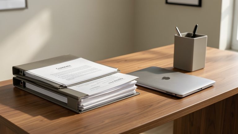 Bureau d’avocat moderne avec des dossiers juridiques rangés, un ordinateur portable et une ambiance institutionnelle sobre, éclairage doux et couleurs neutres.