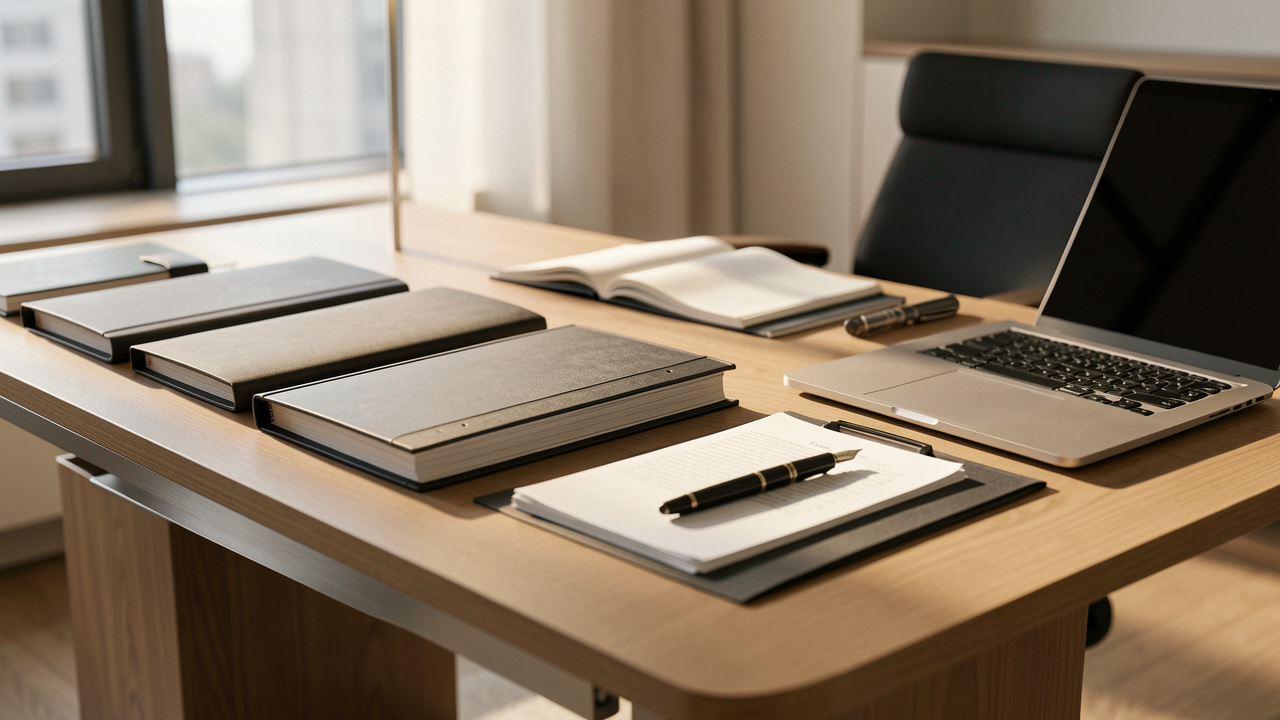 Bureau d’avocat moderne avec dossiers, ordinateur portable et accessoires de bureau, ambiance professionnelle sobre et élégante, éclairage chaud et naturel.
