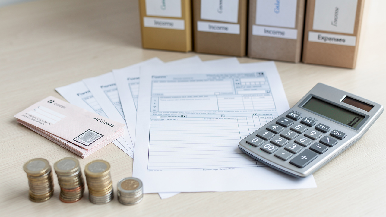 Illustration claire d’un calcul de revenus fonciers avec documents fiscaux vierges, calculatrice, enveloppes de loyers, pièces et dossiers de charges.