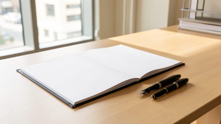 Dossier juridique ouvert, registres vierges et stylo noir disposés sur un bureau professionnel lumineux.