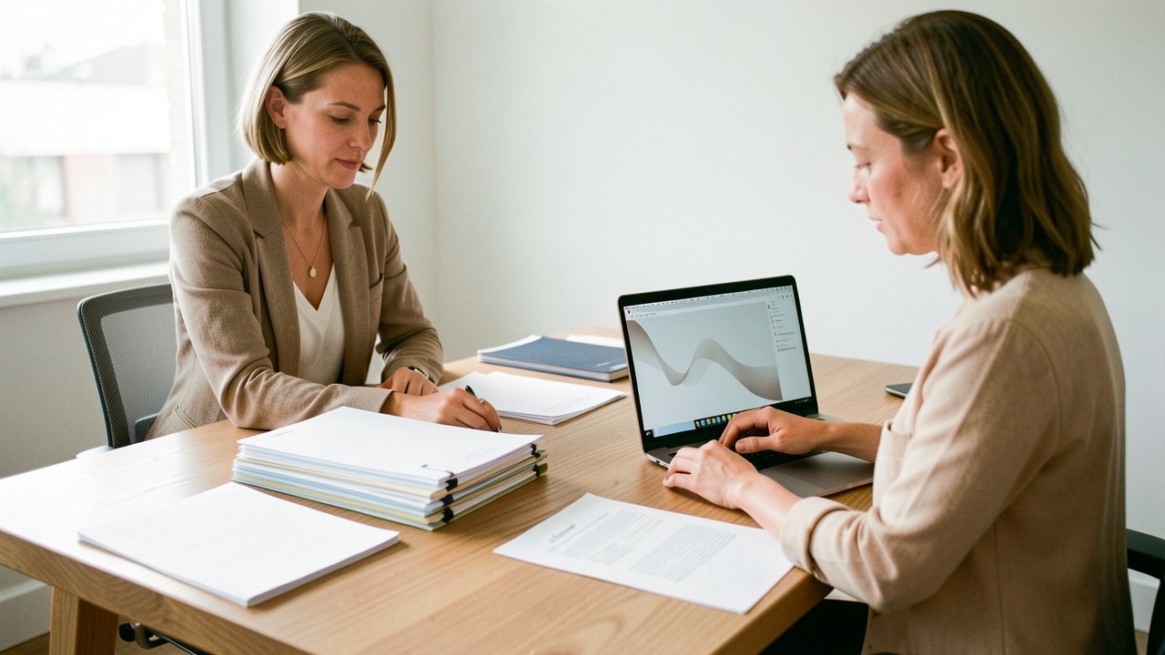Une entrepreneuse organise des dossiers administratifs sur un bureau moderne avec un ordinateur et des documents dans une ambiance professionnelle.