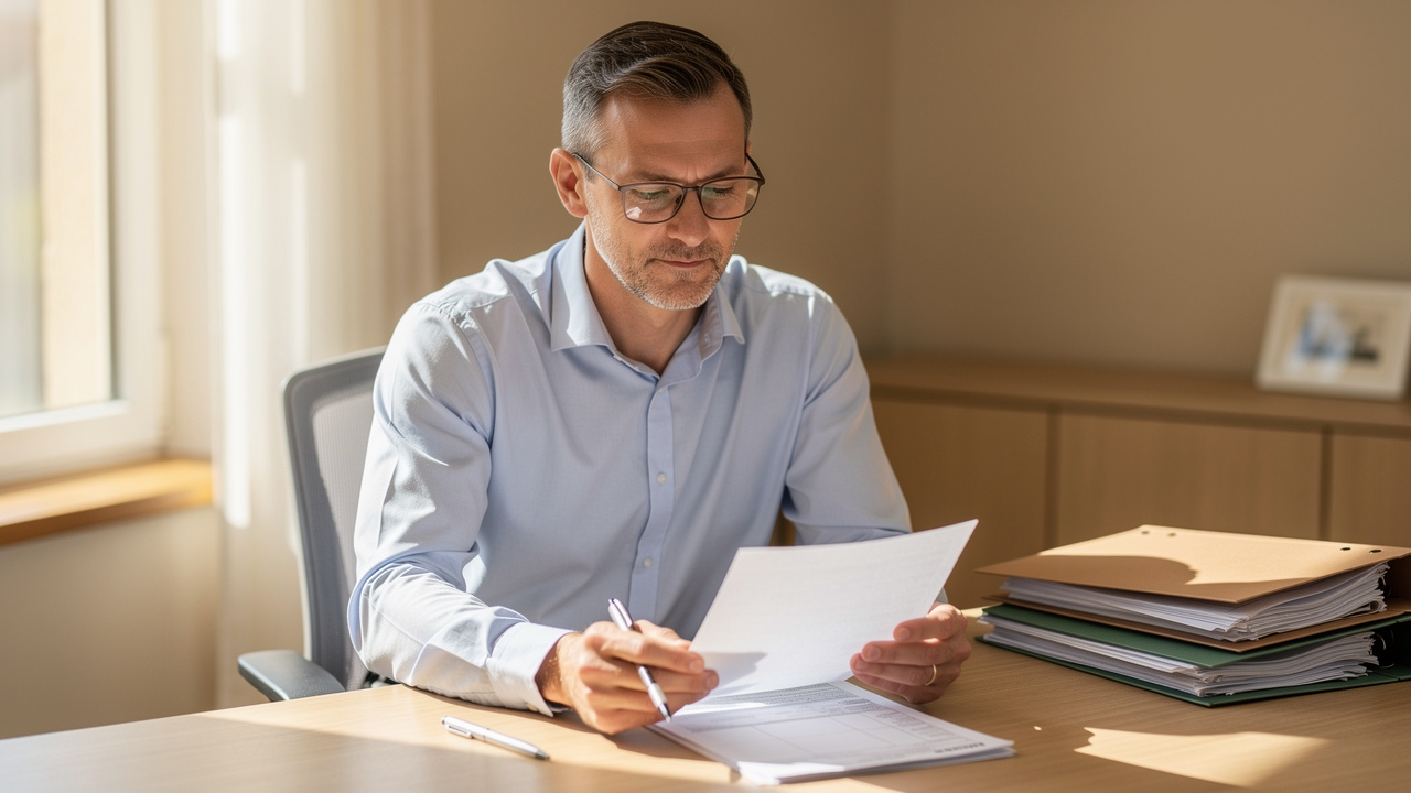 Un propriétaire bailleur consulte des documents administratifs et de location sur un bureau lumineux, dans un style éditorial réaliste.