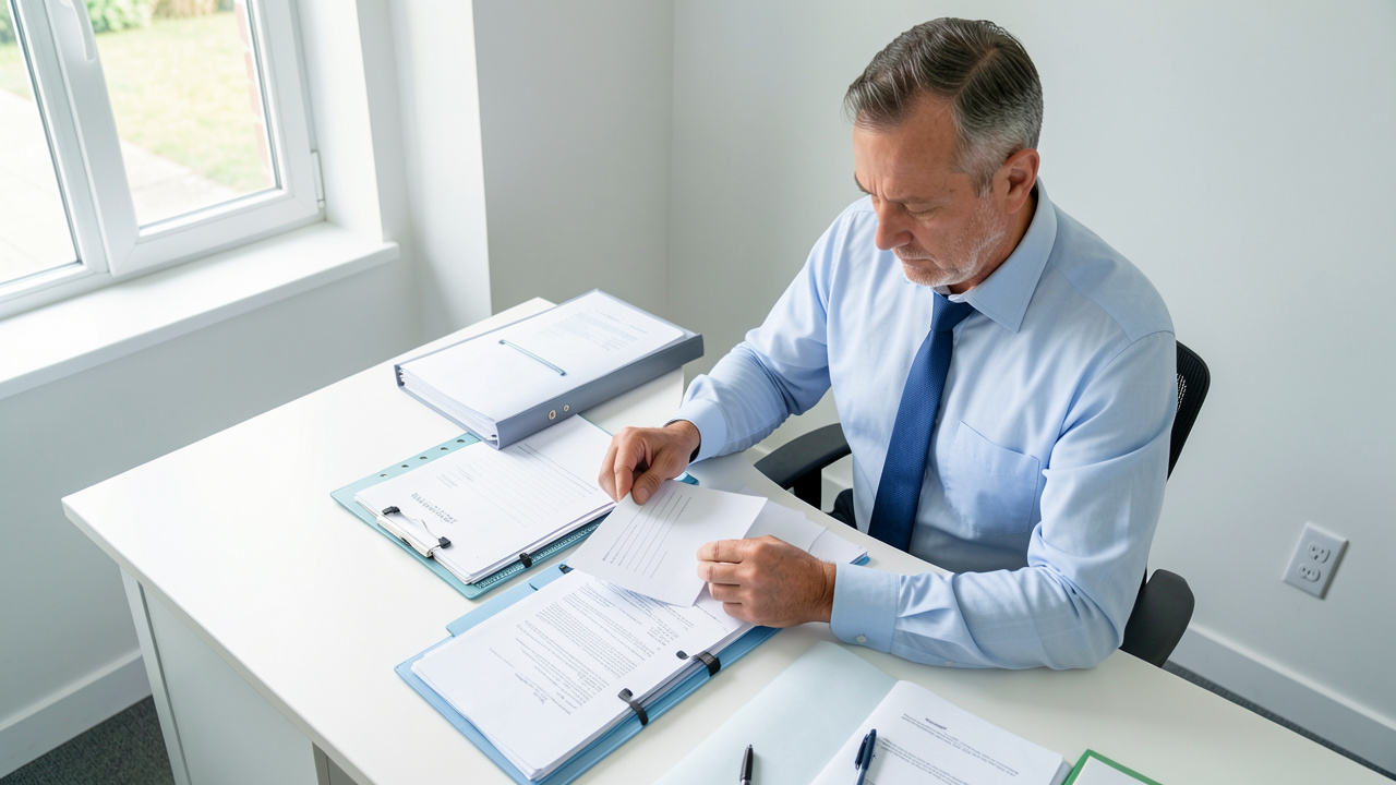 Un propriétaire organise des documents fiscaux vierges et des dossiers de relevés locatifs sur un bureau lumineux et bien rangé.