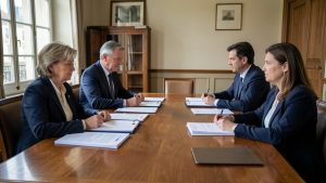 Réunion professionnelle dans une mairie française avec une directrice des services, deux élus et deux avocates autour d’une table couverte de dossiers administratifs.