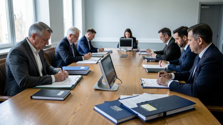 Salle du conseil municipal avec des dossiers comptables et des documents financiers disposés sur une table, ambiance sérieuse évoquant un contrôle des finances publiques.