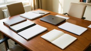 Table de réunion juridique organisée avec dossiers, documents administratifs vierges, ordinateur fermé et calendrier ouvert dans un bureau lumineux.