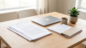 Dossier administratif soigneusement rangé avec ordinateur portable fermé dans un intérieur lumineux et apaisant.
