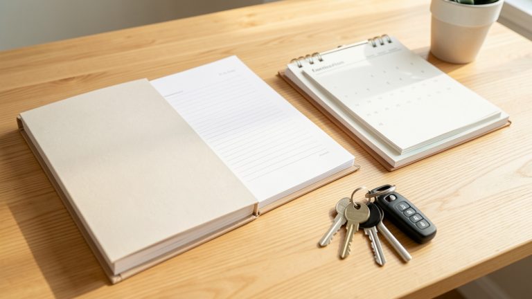 Dossier administratif familial avec formulaires vierges, calendrier sans inscriptions et clés de logement disposés sur un bureau lumineux, dans une ambiance rassurante.