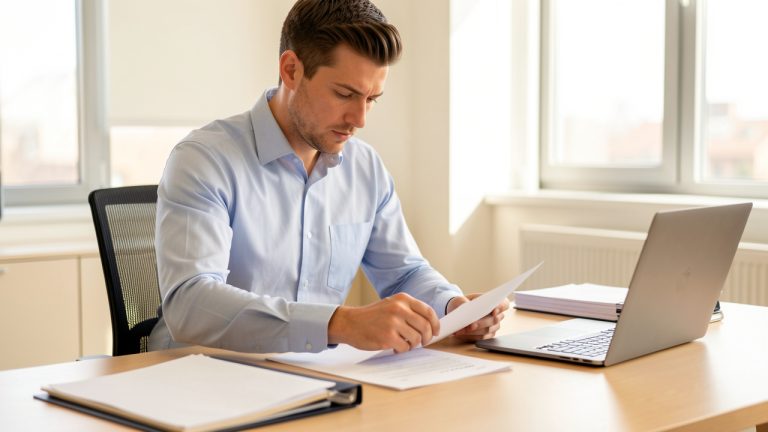 Un homme prépare des documents administratifs vierges sur un bureau lumineux, avec un ordinateur portable et un dossier professionnel.