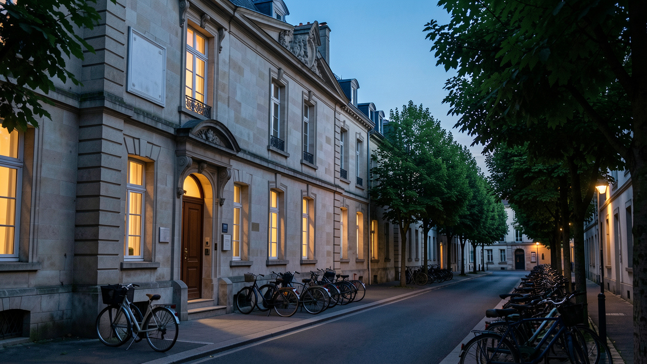 Mairie française éclairée au crépuscule, avec un panneau municipal vierge et une rue calme bordée d’arbres.