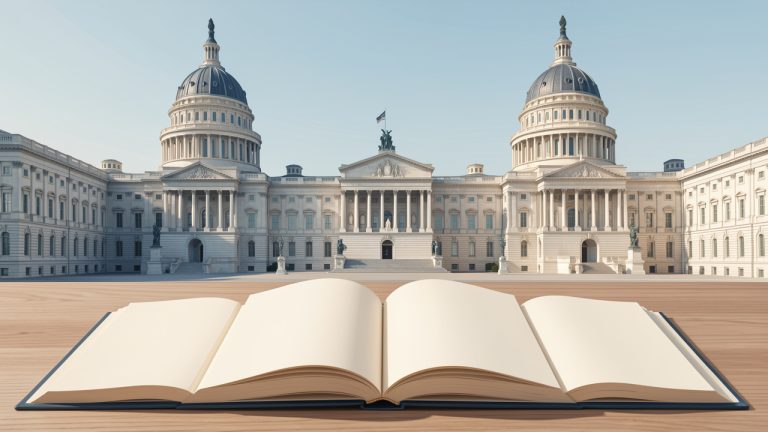 Illustration sobre présentant un palais parlementaire français et le Capitole américain derrière des documents constitutionnels ouverts aux pages vierges.