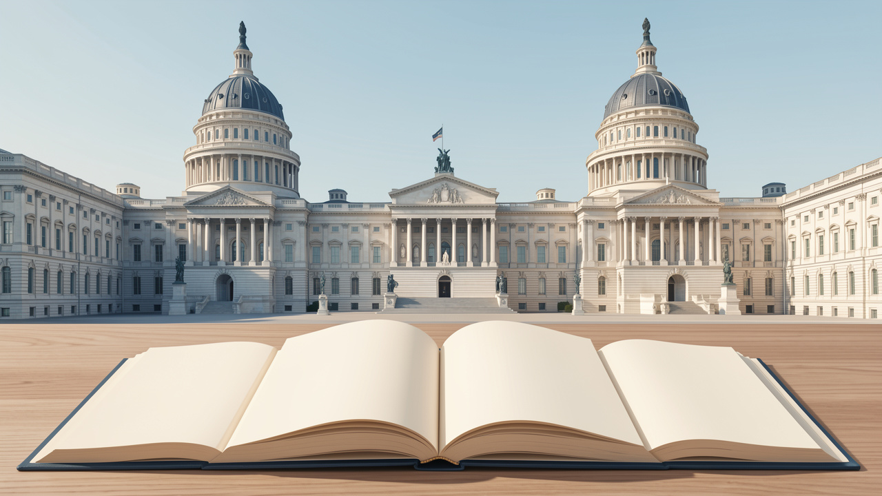 Illustration sobre présentant un palais parlementaire français et le Capitole américain derrière des documents constitutionnels ouverts aux pages vierges.