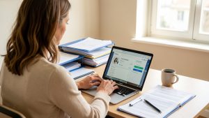 Une mère consulte un espace administratif en ligne sur un ordinateur portable, entourée de documents soigneusement rangés sur un bureau lumineux.