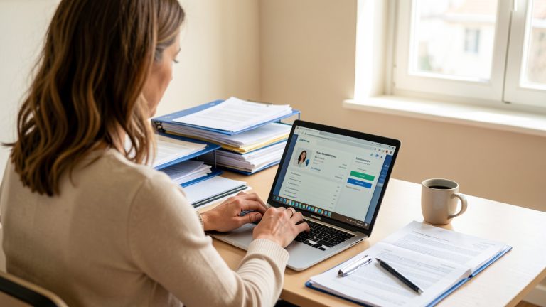 Une mère consulte un espace administratif en ligne sur un ordinateur portable, entourée de documents soigneusement rangés sur un bureau lumineux.