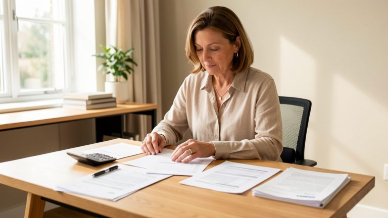 Une propriétaire consulte des documents administratifs et immobiliers vierges sur un bureau en bois baigné de lumière naturelle.