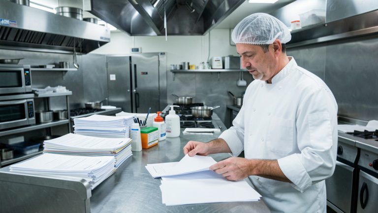 Un restaurateur consulte des documents vierges dans une cuisine professionnelle fermée, entouré de dossiers et de matériel de sécurité alimentaire.