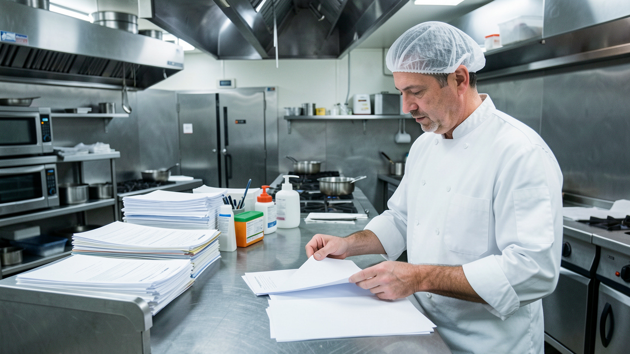 Un restaurateur consulte des documents vierges dans une cuisine professionnelle fermée, entouré de dossiers et de matériel de sécurité alimentaire.