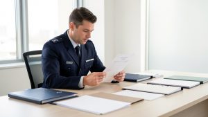 Agent de sécurité en uniforme consultant des documents administratifs dans un bureau lumineux, avec des dossiers juridiques disposés sur une table.