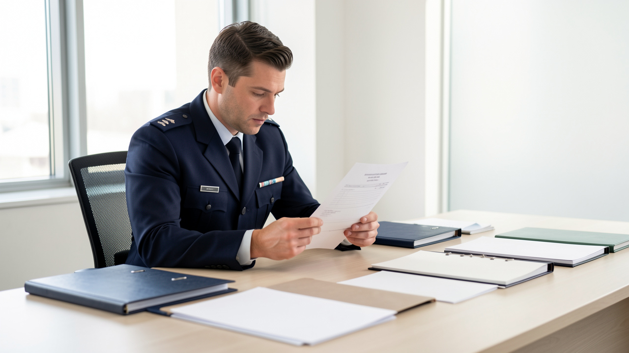 Agent de sécurité en uniforme consultant des documents administratifs dans un bureau lumineux, avec des dossiers juridiques disposés sur une table.