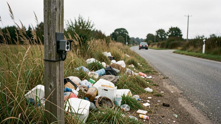 Caméra-piège fixée à un poteau près d’un dépôt sauvage au bord d’une route, avec un véhicule visible au loin.