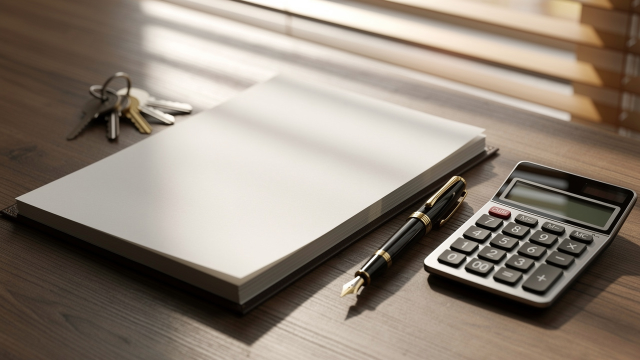 Table d’un cabinet juridique avec un dossier vierge, un stylo, un trousseau de clés de boutique et une calculatrice.