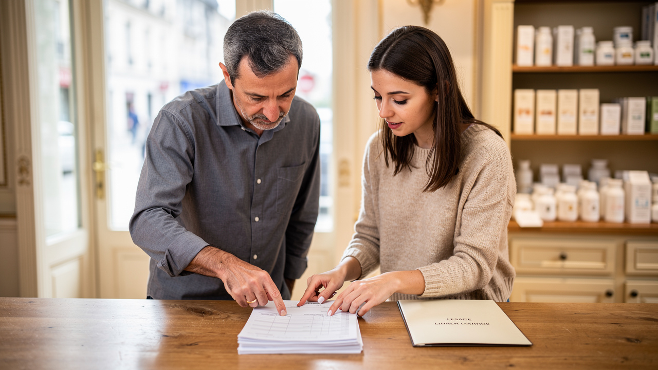 Un homme d’âge mûr et une jeune femme examinent ensemble des documents comptables vierges et un dossier de bail sur le comptoir d’une boutique française lumineuse.