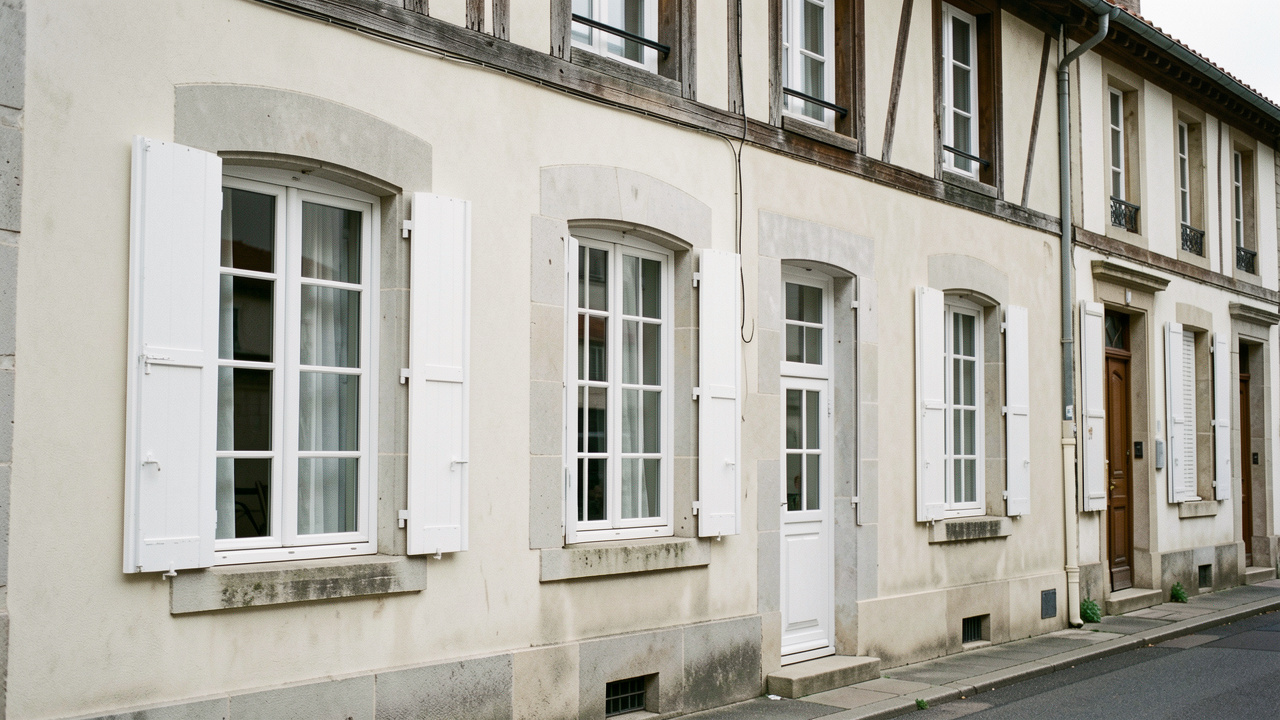 Façade ancienne d’une maison dans un secteur patrimonial français, avec des fenêtres blanches en PVC contrastant avec les menuiseries en bois des bâtiments voisins.