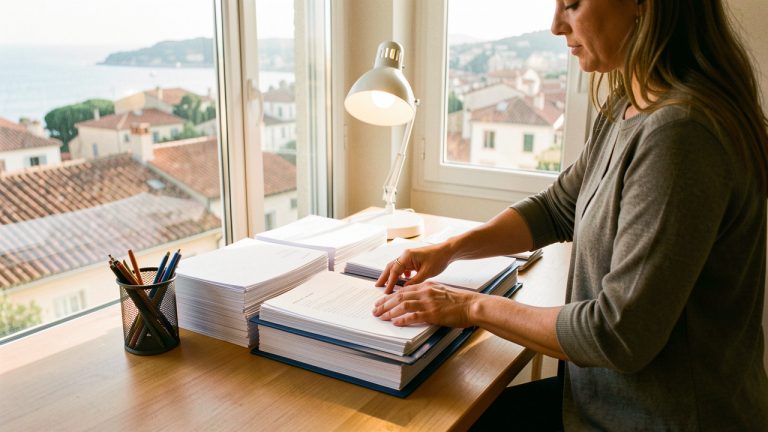 Une femme organise des dossiers et des feuilles vierges sur un bureau lumineux, avec les toits de Marseille et la côte méditerranéenne visibles en arrière-plan.