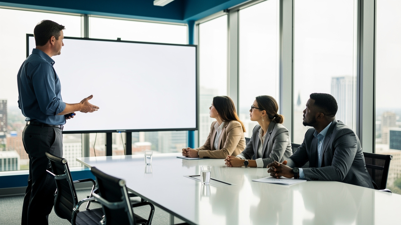 Un formateur explique un plan de prévention visuel vierge à quatre élus du CSE réunis autour d’une table dans une salle lumineuse et professionnelle.