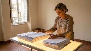 Une femme organise des dossiers et des feuilles administratives vierges sur une table lumineuse dans un appartement marseillais baigné de lumière naturelle.
