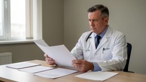 Professionnel de santé assis à son bureau, examinant attentivement un dossier et des documents administratifs vierges dans une ambiance sobre et réaliste.