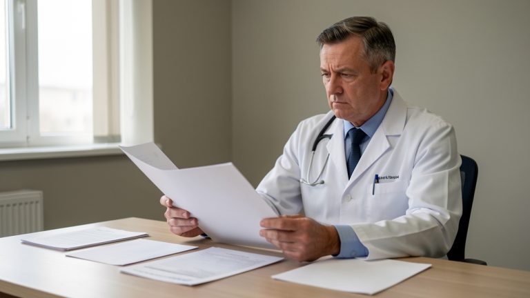 Professionnel de santé assis à son bureau, examinant attentivement un dossier et des documents administratifs vierges dans une ambiance sobre et réaliste.