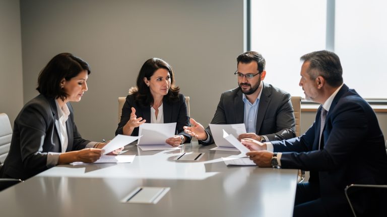 Réunion réaliste d’un comité de travail composé de femmes et d’hommes examinant des documents vierges sur la prévention des risques professionnels dans une salle sobre.