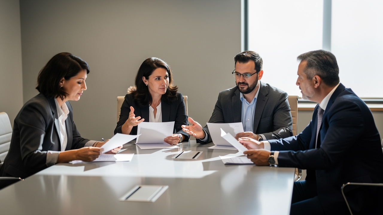 Réunion réaliste d’un comité de travail composé de femmes et d’hommes examinant des documents vierges sur la prévention des risques professionnels dans une salle sobre.