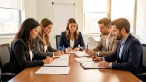 Réunion professionnelle de trois femmes et deux hommes autour d’une table, avec des dossiers ouverts et des documents vierges, dans une ambiance collaborative.