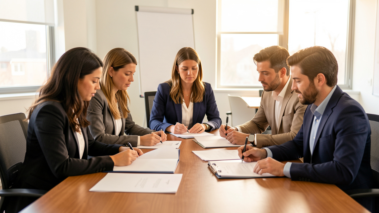 Réunion professionnelle de trois femmes et deux hommes autour d’une table, avec des dossiers ouverts et des documents vierges, dans une ambiance collaborative.