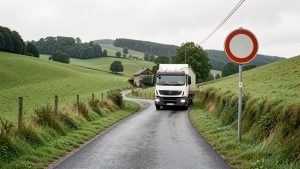 Route communale étroite en zone vallonnée avec un panneau générique de limitation de tonnage et un poids lourd arrêté.