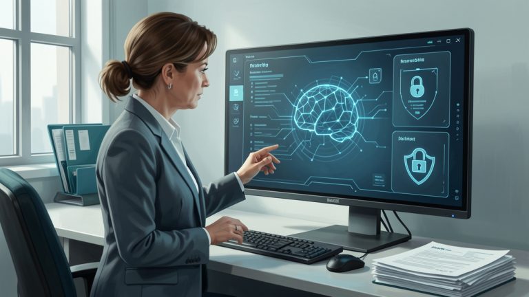 Illustration sobre d’une agente publique examinant une interface abstraite d’intelligence artificielle, entourée de dossiers administratifs et de symboles de protection des usagers.