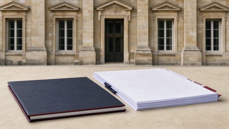 Illustration sobre présentant un dossier administratif, des documents judiciaires et la façade monumentale d’un tribunal administratif français.