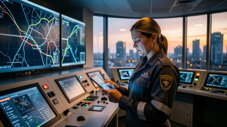 Une femme agente de supervision municipale consulte des procédures d’urgence sur une tablette dans un centre de contrôle moderne à l’aube.