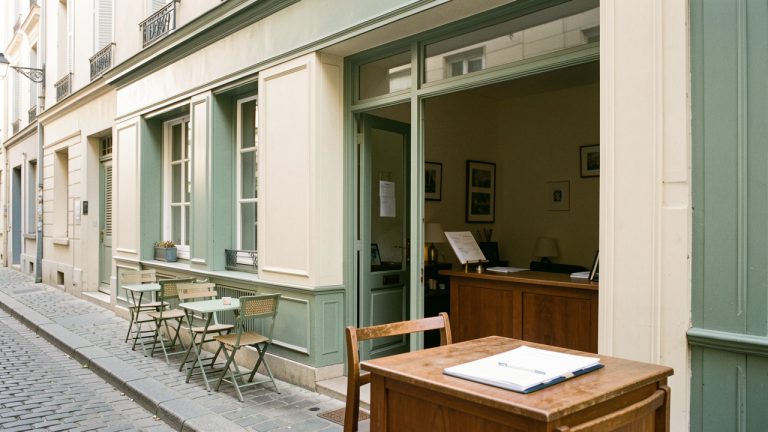 Façade sobre d’un commerce français avec une petite terrasse et un dossier administratif fermé posé sur un comptoir en bois.