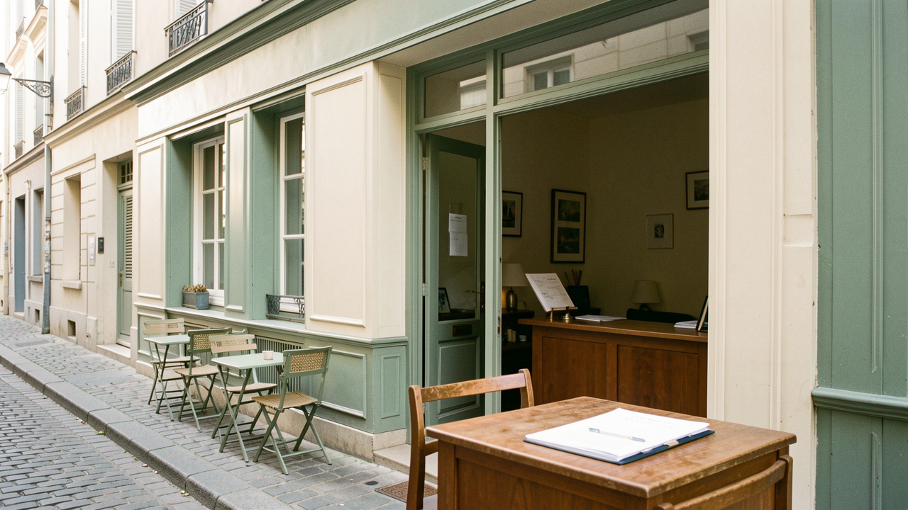 Façade sobre d’un commerce français avec une petite terrasse et un dossier administratif fermé posé sur un comptoir en bois.
