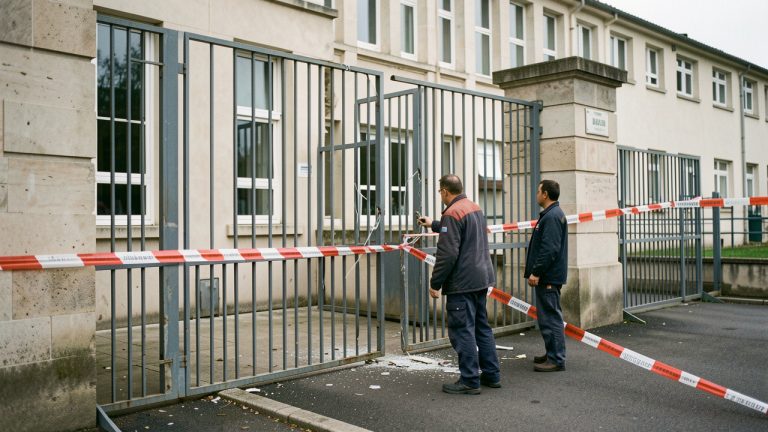 Façade d’un lycée français après un blocus, avec un portail légèrement endommagé, de la rubalise et deux agents techniques observant les dégâts.