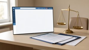 Illustration sobre d’une plateforme de vente en ligne sur un écran vierge, entourée de documents administratifs et d’une balance de justice dans un bureau professionnel.