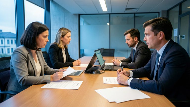 Réunion de crise matinale dans une mairie, avec deux femmes et deux hommes autour d’une table, des documents administratifs vierges, un ordinateur et une lumière bleutée.