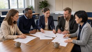 Réunion collaborative de trois femmes et deux hommes dirigeants de PME autour d’une table, examinant des documents de gouvernance vierges dans un bureau sobre.