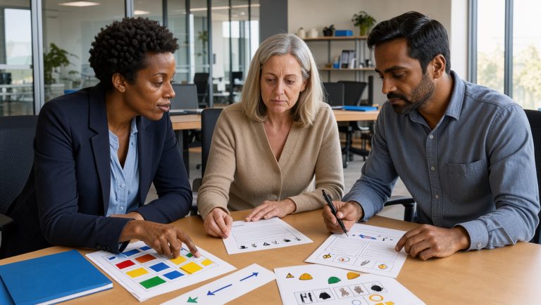 Trois élus du CSE étudient ensemble des documents de prévention autour d’une table dans une entreprise moderne.