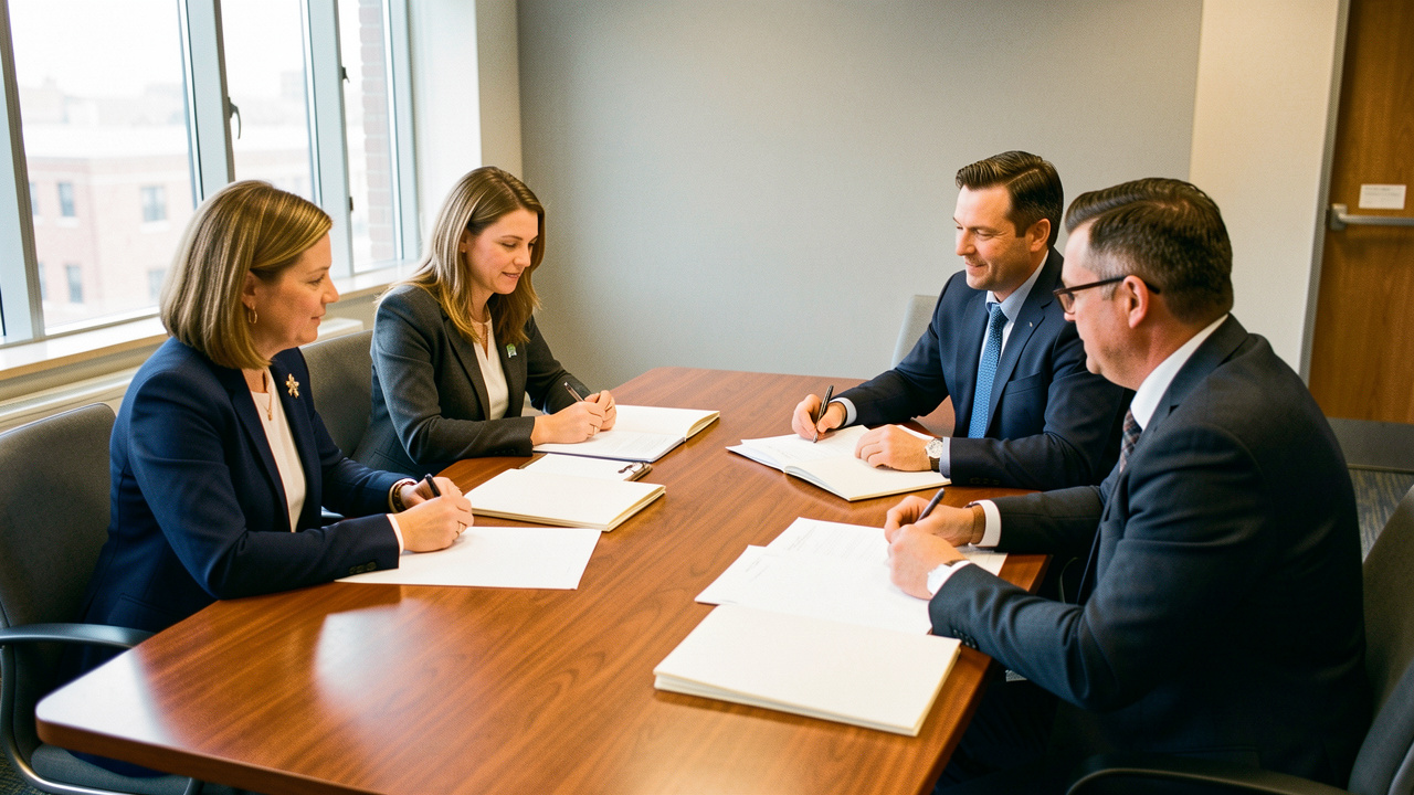 Quatre élus, deux femmes et deux hommes, réunis autour d’une table avec des dossiers organisés dans une ambiance professionnelle et collaborative.