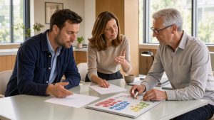Trois dirigeants d'une PME québécoise échangent autour d'une table lumineuse avec des documents vierges et un tableau de planification abstrait.